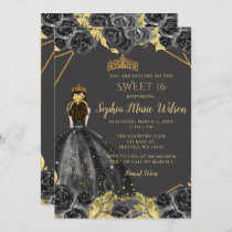 Elegant Black Gold Floral Princess SWEET 16  Invitation