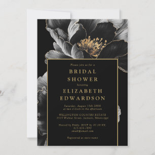Elegant Black Gold Floral QR Code Bridal Shower Invitation