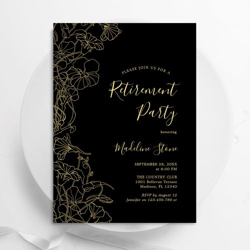 Elegant Black Gold Floral Retirement Party Invitation