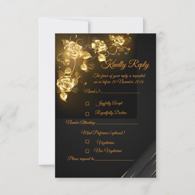 Elegant Black & Gold Floral RSVP Card | (Front)