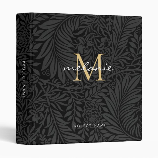 Elegant Black Gold Floral Script Monogram 3 Ring Binder (Front/Spine)
