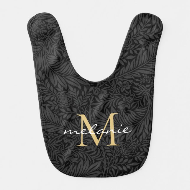 Elegant Black Gold Floral Script Monogram Baby Bib (Front)