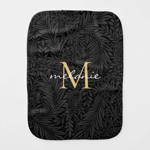 Elegant Black Gold Floral Script Monogram Baby Burp Cloth