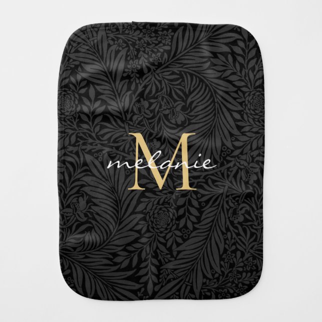 Elegant Black Gold Floral Script Monogram Baby Burp Cloth (Front)