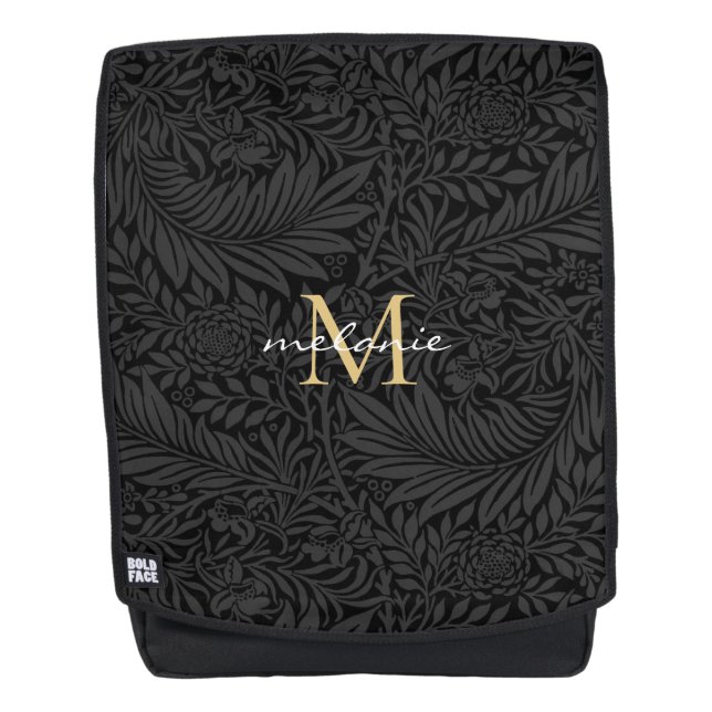 Elegant Black Gold Floral Script Monogram Backpack (Front)