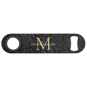 Elegant Black Gold Floral Script Monogram Bar Key