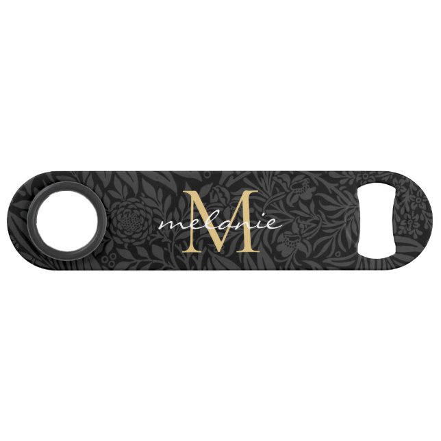 Elegant Black Gold Floral Script Monogram Bar Key (Front (Horizontal))