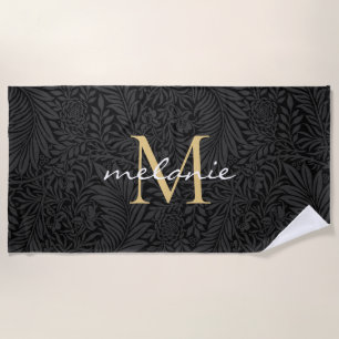 Elegant Black Gold Floral Script Monogram Beach Towel