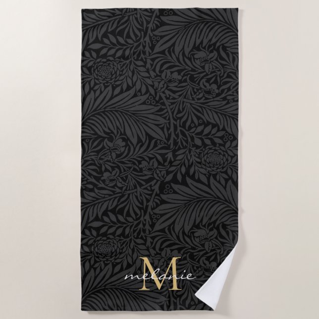 Elegant Black Gold Floral Script Monogram Beach Towel (Front)