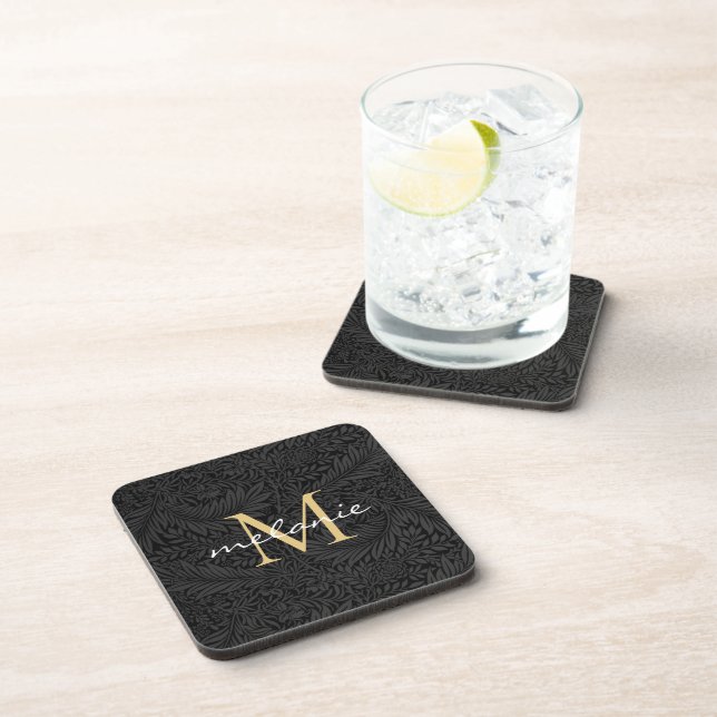 Elegant Black Gold Floral Script Monogram Beverage Coaster (Right Side)