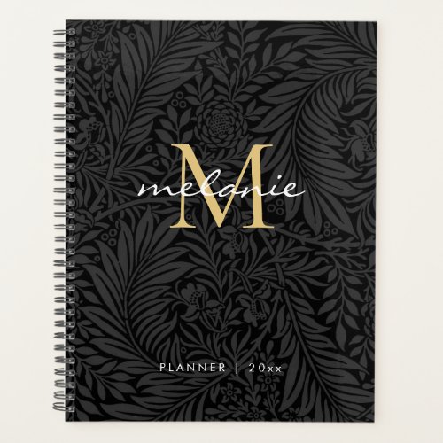 Elegant Black Gold Floral Script Monogram Calendar Planner