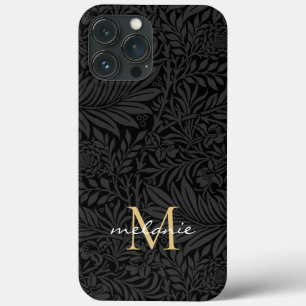 Elegant Black Gold Floral Script Monogram iPhone 13 Pro Max Case
