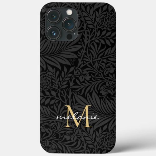 Elegant Black Gold Floral Script Monogram iPhone 13 Pro Max Case