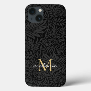 Elegant Black Gold Floral Script Monogram iPhone 13 Case