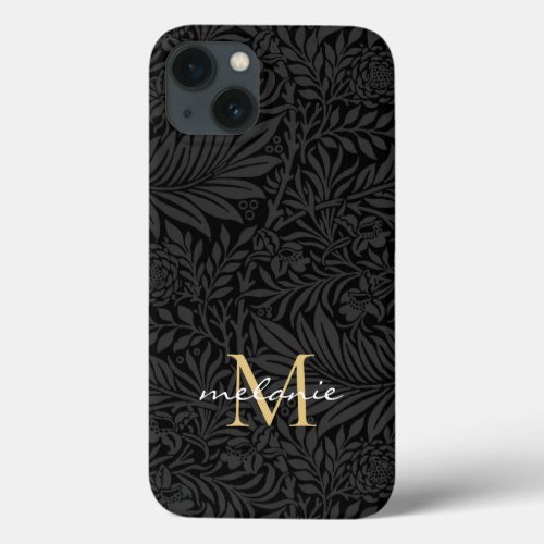 Elegant Black Gold Floral Script Monogram iPhone 13 Case