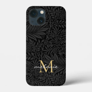 Elegant Black Gold Floral Script Monogram iPhone 13 Mini Case