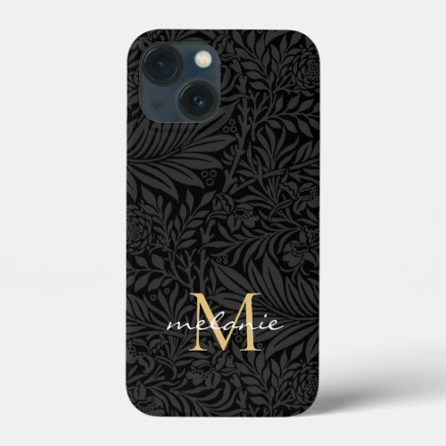 Elegant Black Gold Floral Script Monogram iPhone 13 Mini Case