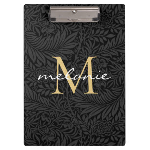 Elegant Black Gold Floral Script Monogram Clipboard