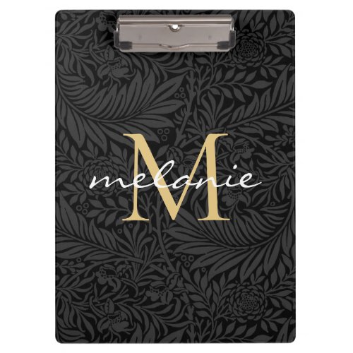 Elegant Black Gold Floral Script Monogram Clipboard