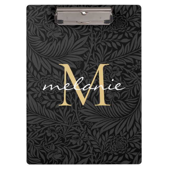 Elegant Black Gold Floral Script Monogram Clipboard (Front)