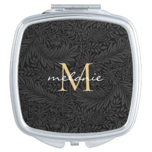 Elegant Black Gold Floral Script Monogram Compact Mirror