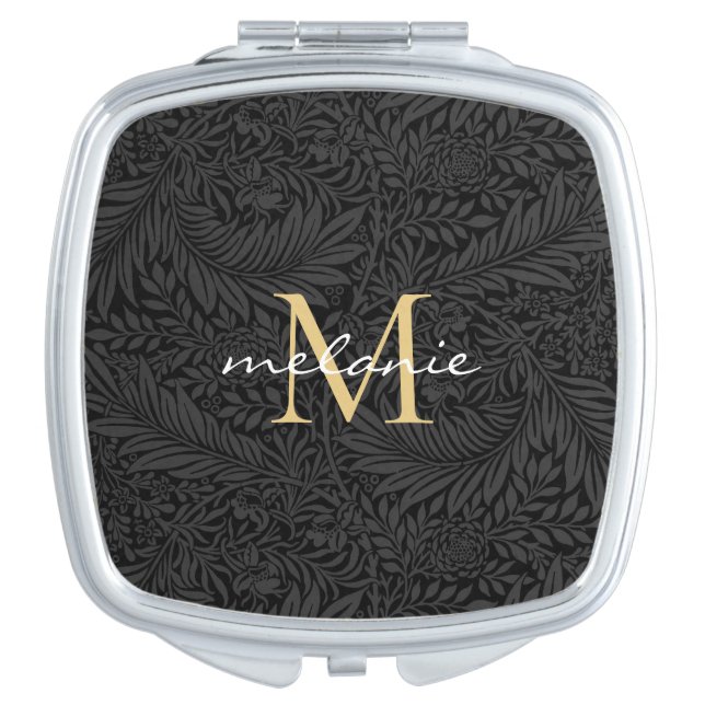 Elegant Black Gold Floral Script Monogram Compact Mirror (Front)