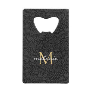 Elegant Black Gold Floral Script Monogram Credit Card Bottle Opener
