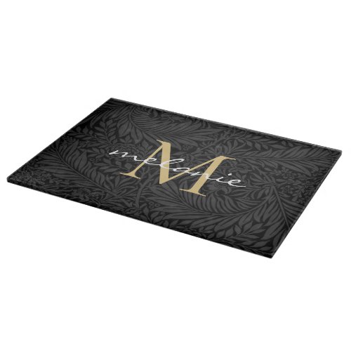 Elegant Black Gold Floral Script Monogram Cutting Board