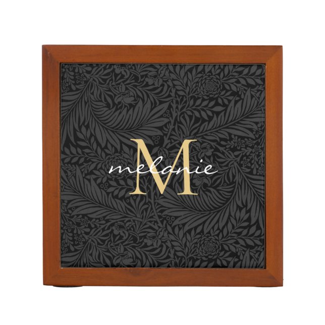 Elegant Black Gold Floral Script Monogram Desk Organizer (Front)