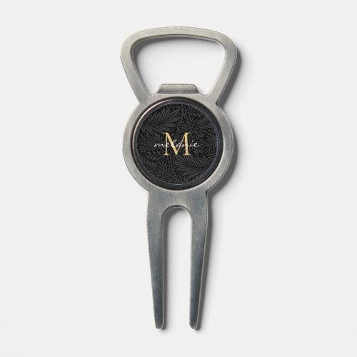 Elegant Black Gold Floral Script Monogram Divot Tool