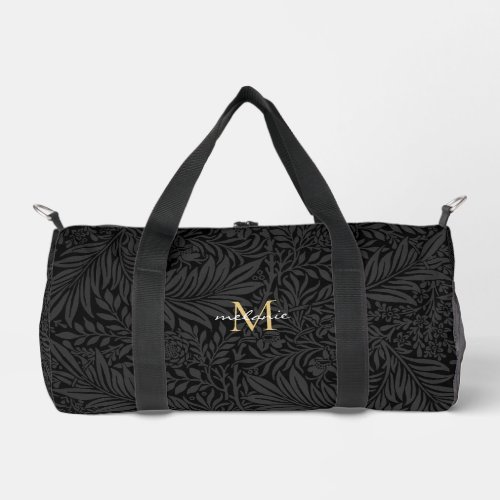 Elegant Black Gold Floral Script Monogram Duffle Bag