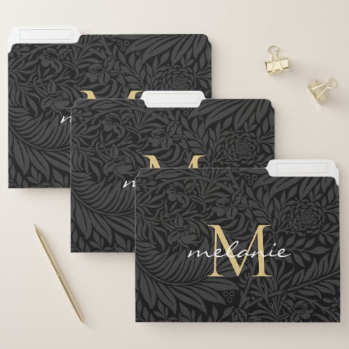 Elegant Black Gold Floral Script Monogram File Folder