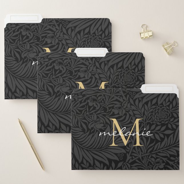 Elegant Black Gold Floral Script Monogram File Folder (Set)