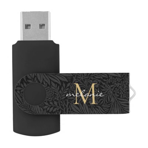 Elegant Black Gold Floral Script Monogram Flash Drive