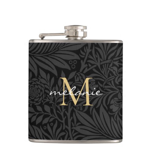 Elegant Black Gold Floral Script Monogram Flask