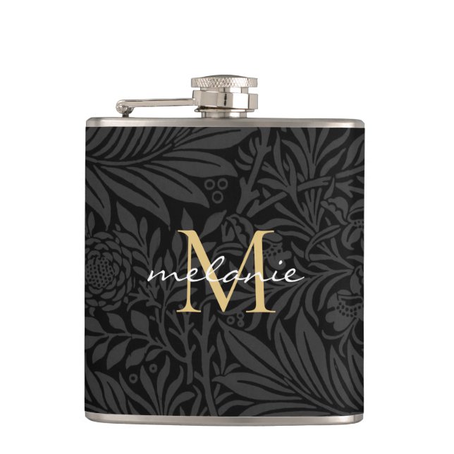 Elegant Black Gold Floral Script Monogram Flask (Front)