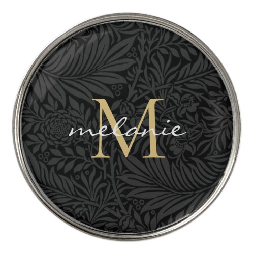 Elegant Black Gold Floral Script Monogram Golf Ball Marker