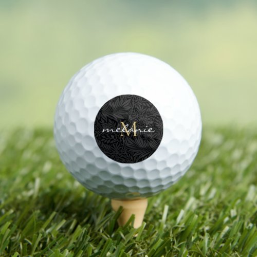 Elegant Black Gold Floral Script Monogram Golf Balls