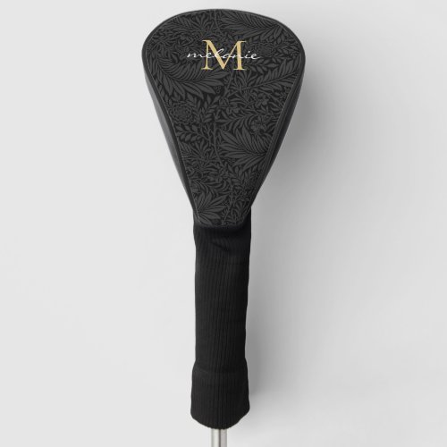 Elegant Black Gold Floral Script Monogram Golf Head Cover