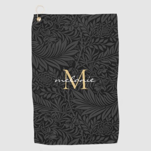 Elegant Black Gold Floral Script Monogram Golf Towel