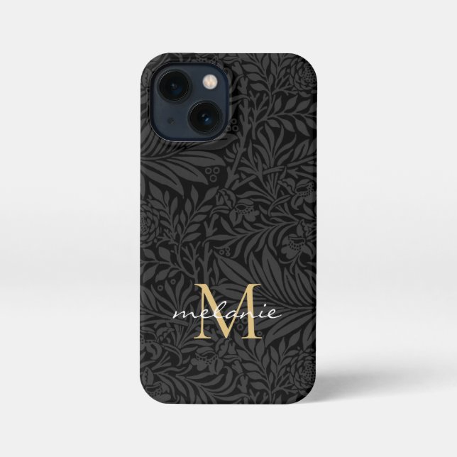 Elegant Black Gold Floral Script Monogram iPhone Case (Back)