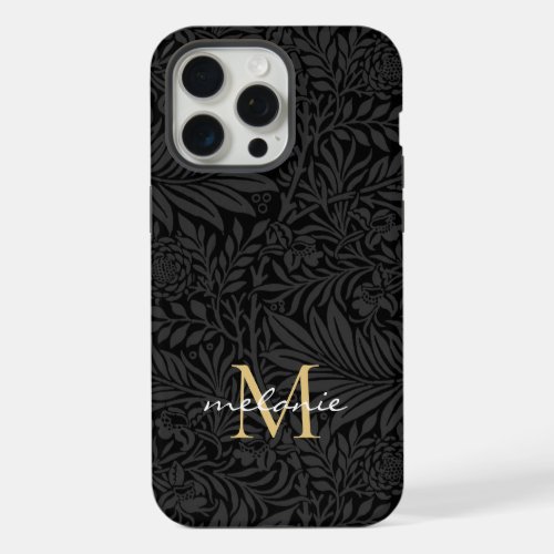 Elegant Black Gold Floral Script Monogram iPhone 15 Pro Max Case