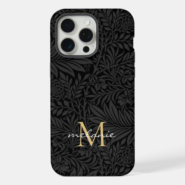 Elegant Black Gold Floral Script Monogram iPhone Case (Back)