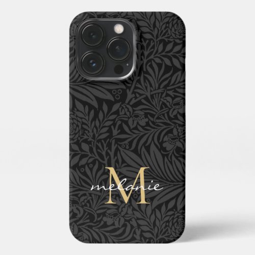 Elegant Black Gold Floral Script Monogram iPhone 13 Pro Case