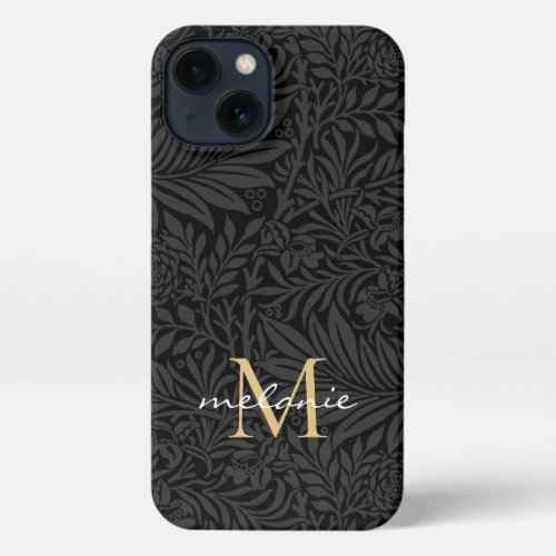 Elegant Black Gold Floral Script Monogram iPhone 13 Case