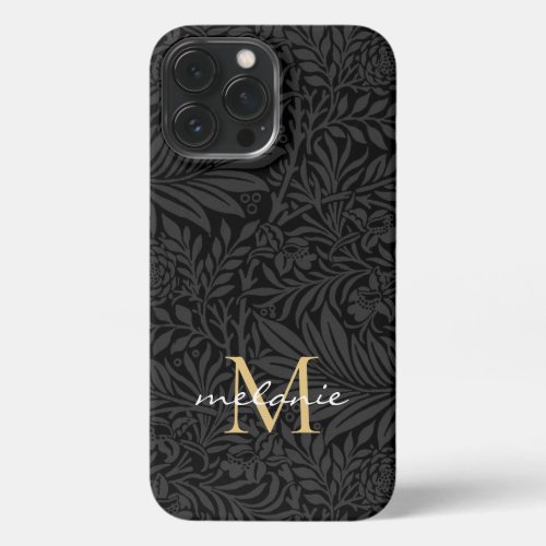 Elegant Black Gold Floral Script Monogram iPhone 13 Pro Max Case