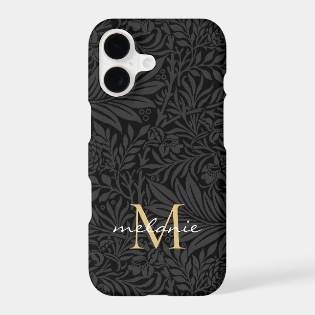 Elegant Black Gold Floral Script Monogram iPhone Case (Back)
