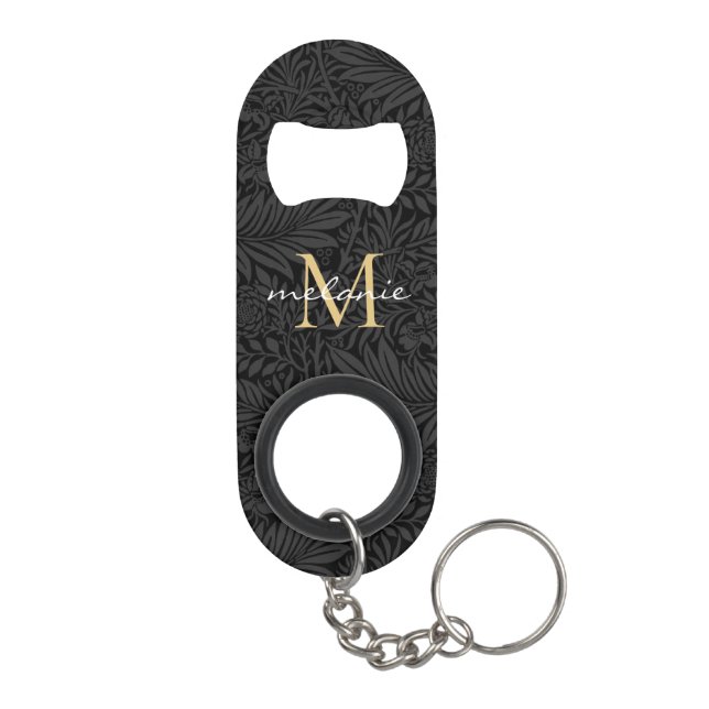 Elegant Black Gold Floral Script Monogram Keychain Bottle Opener (Back)
