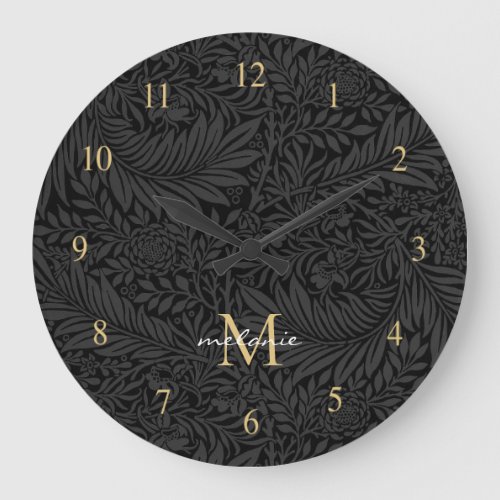 Elegant Black Gold Floral Script Monogram Large Clock