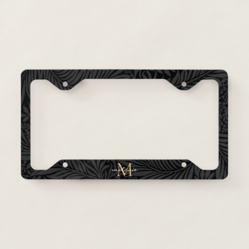 Elegant Black Gold Floral Script Monogram License Plate Frame